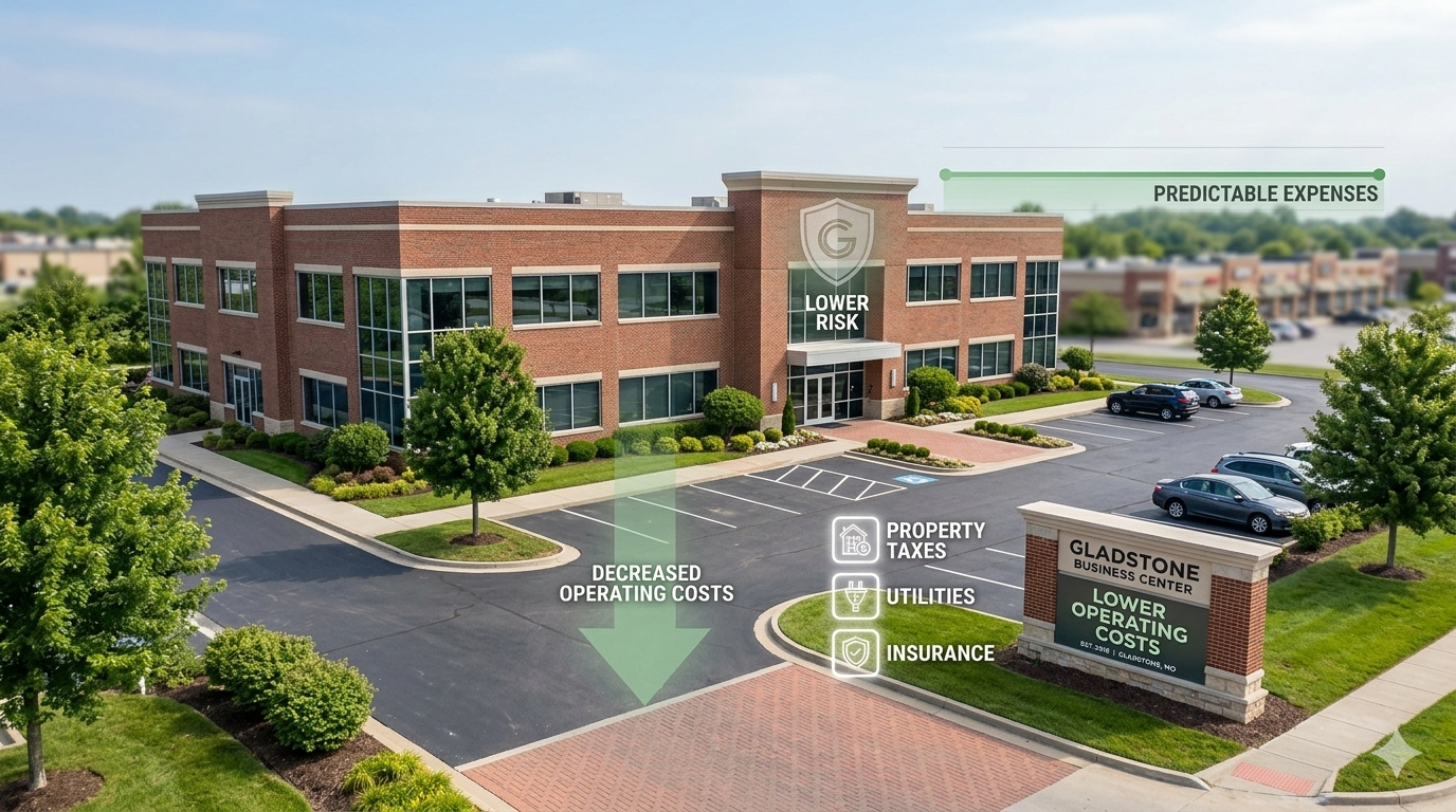 Aerial view of modern brick office building in Gladstone, Missouri with overlay graphics highlighting lower operating costs, predictable expenses, reduced property taxes, utilities, and insurance, emphasizing lower risk and cost-efficient commercial ownership.