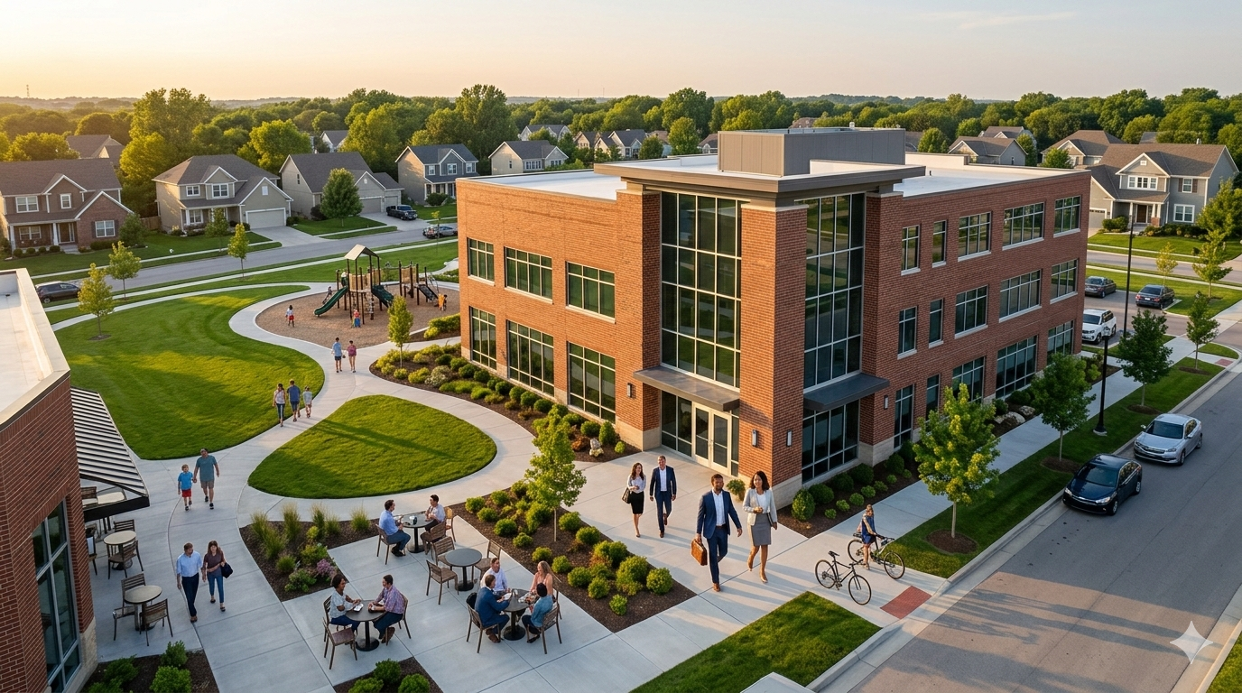 Aerial view of modern brick office building in Gladstone, Missouri surrounded by well-maintained neighborhoods, park space, and community amenities, with professionals walking outside and families enjoying nearby green space, highlighting quality of life and talent attraction benefits.