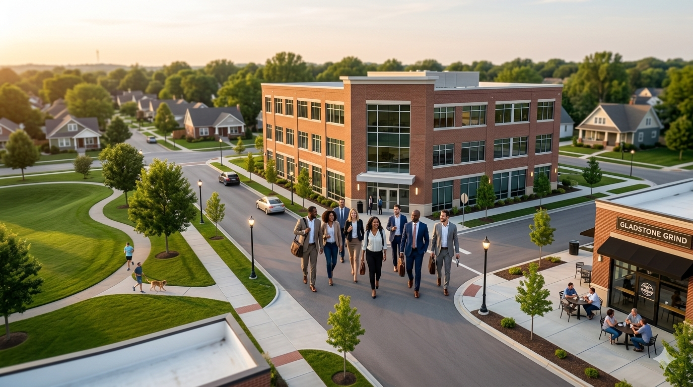 Professionals walking outside a modern brick office building in Gladstone, Missouri during golden hour, with nearby park space, residential neighborhoods, and a local coffee shop patio, highlighting quality of life, community amenities, and talent attraction for businesses.