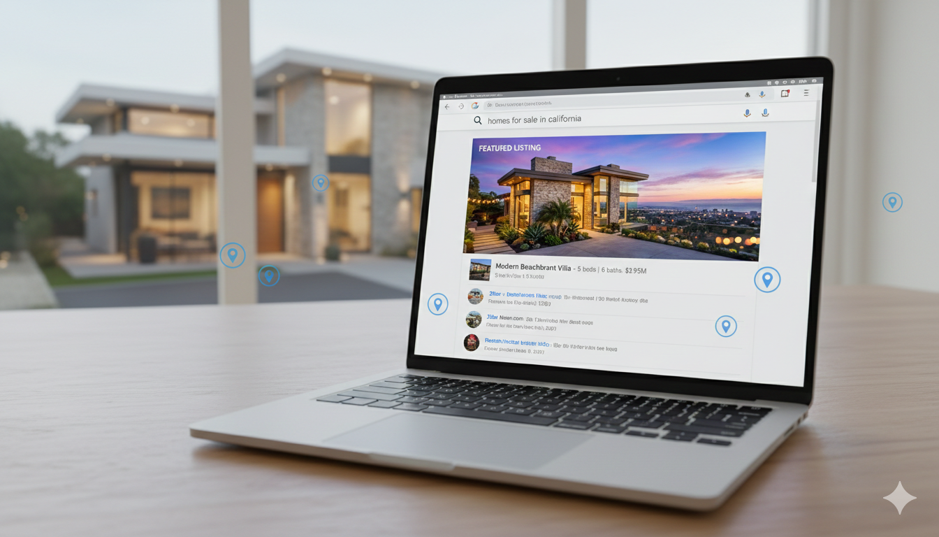 Laptop showing Google search results for homes for sale with a featured listing