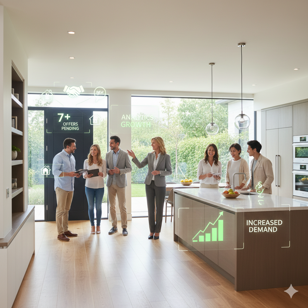 Real estate agent presenting a home tour to interested buyers with subtle offer and demand overlays