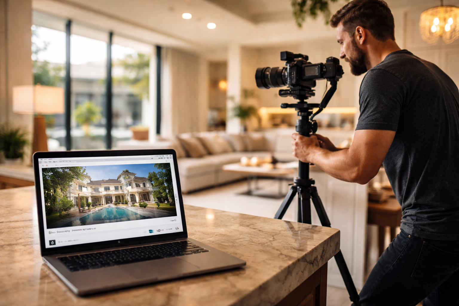 Videographer filming a home interior with a professional camera and stabilizer