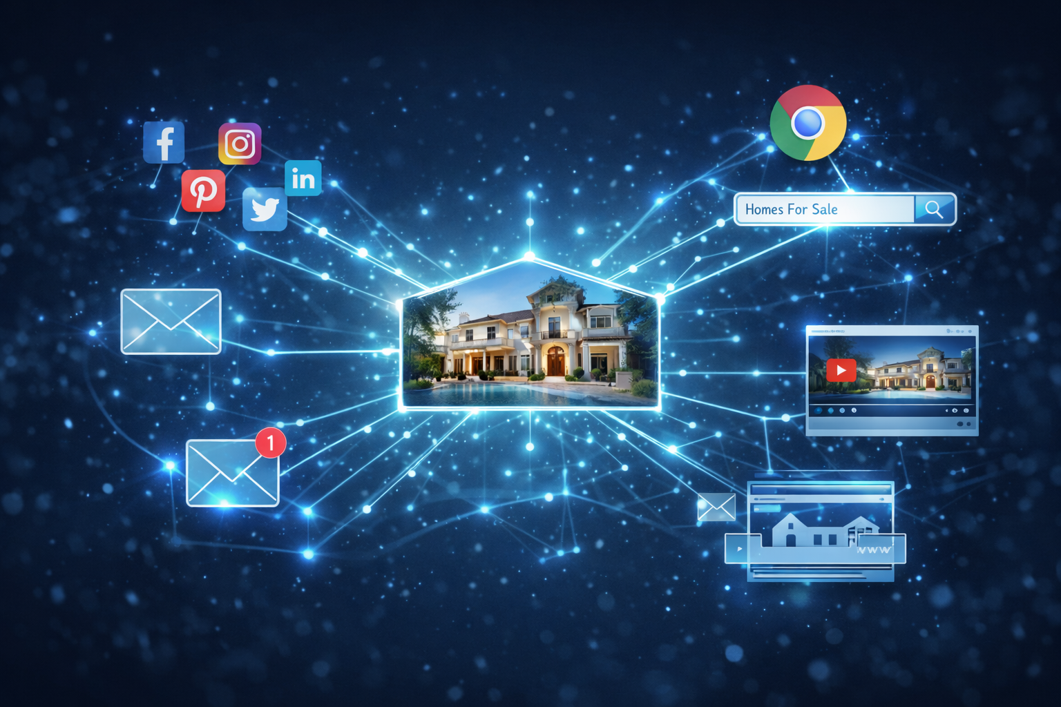 Home marketing network connecting social media, email, search, video, and listing platforms