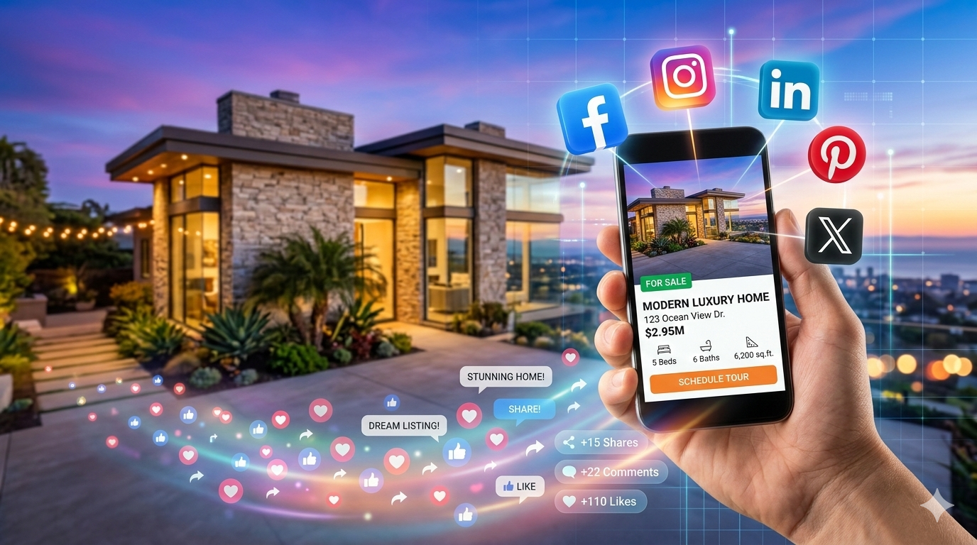 Social media marketing promoting a home listing on a smartphone with engagement icons