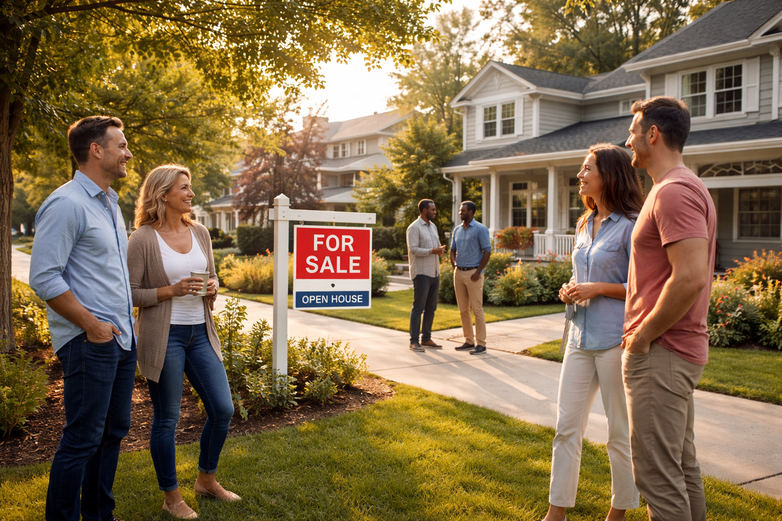 Neighbors talking outside a home for sale sign on a tree-lined residential street