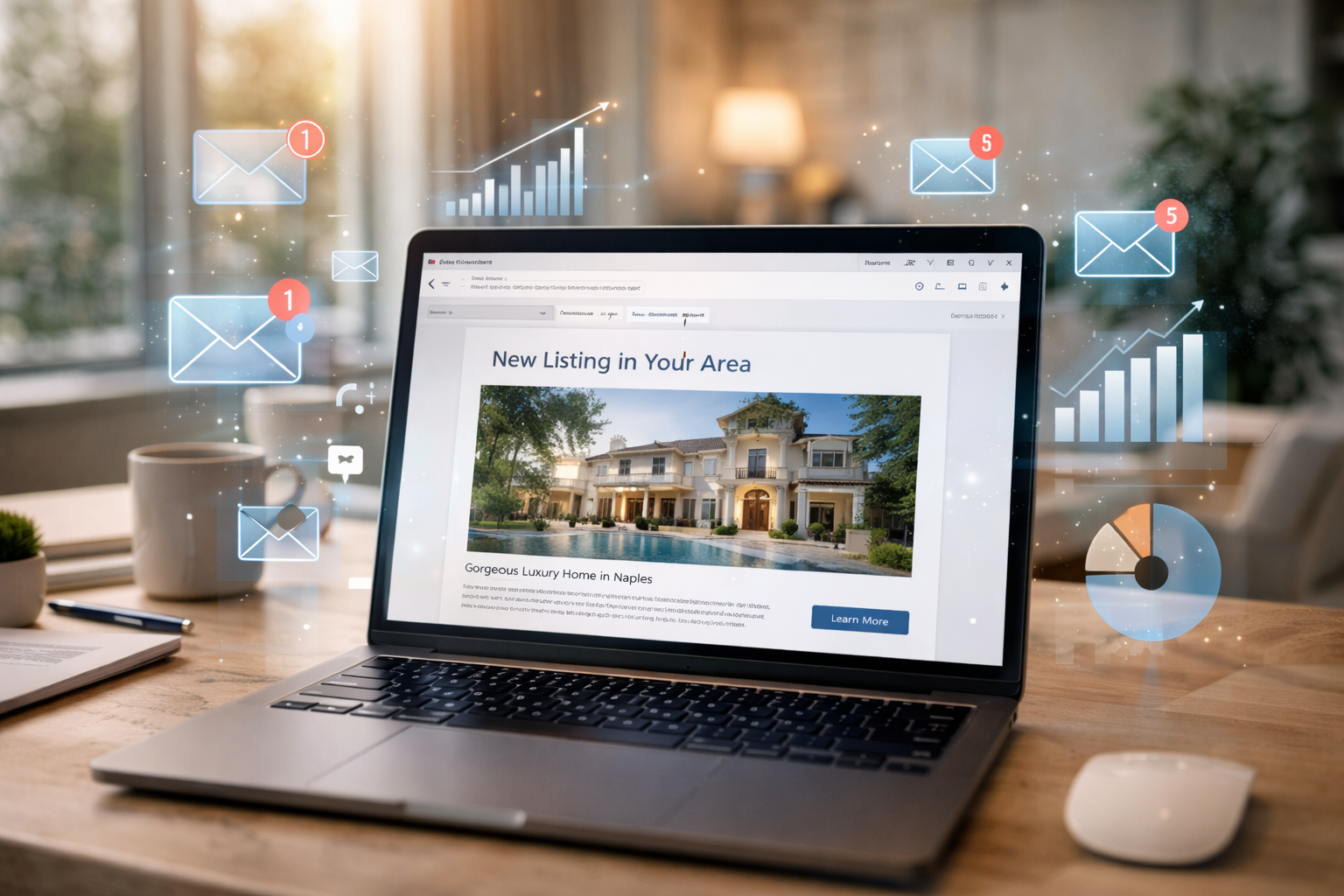 Laptop showing a real estate email campaign with engagement icons and analytics overlays