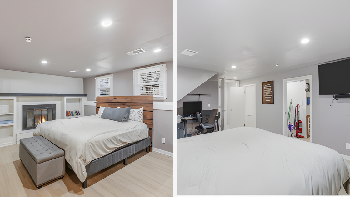 Spacious lower-level primary suite with modern finishes and office space in updated Olathe KS home for sale