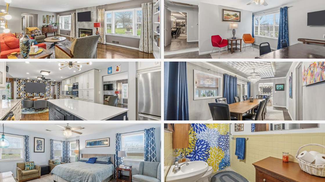 Mid century modern home Excelsior Springs MO interior with updated kitchen quartz countertops hardwood floors and vaulted ceilings under 600k