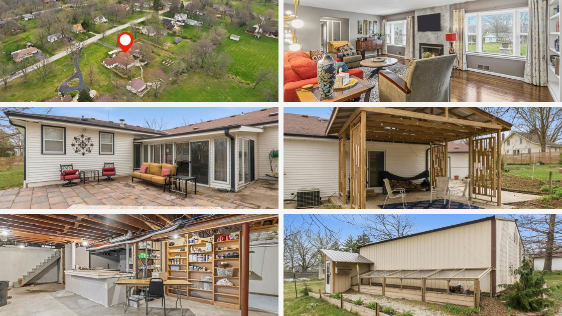 4 bedroom ranch home Excelsior Springs MO under 600k showing aerial view living room patios basement and barn on 1.43 acres near Kansas City