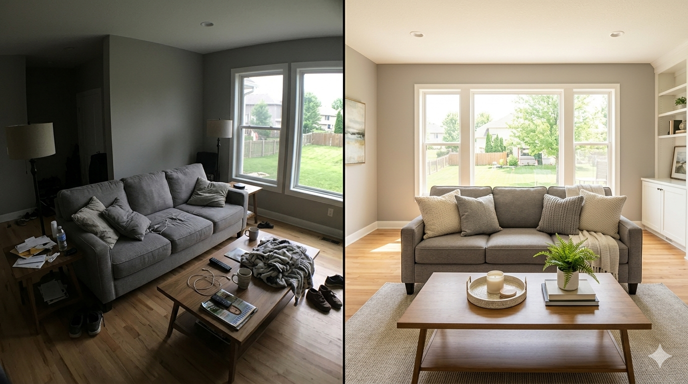 Side-by-side comparison of a Lenexa KS living room showing a dark cluttered cell phone listing photo on the left versus a bright professionally staged real estate photo on the right