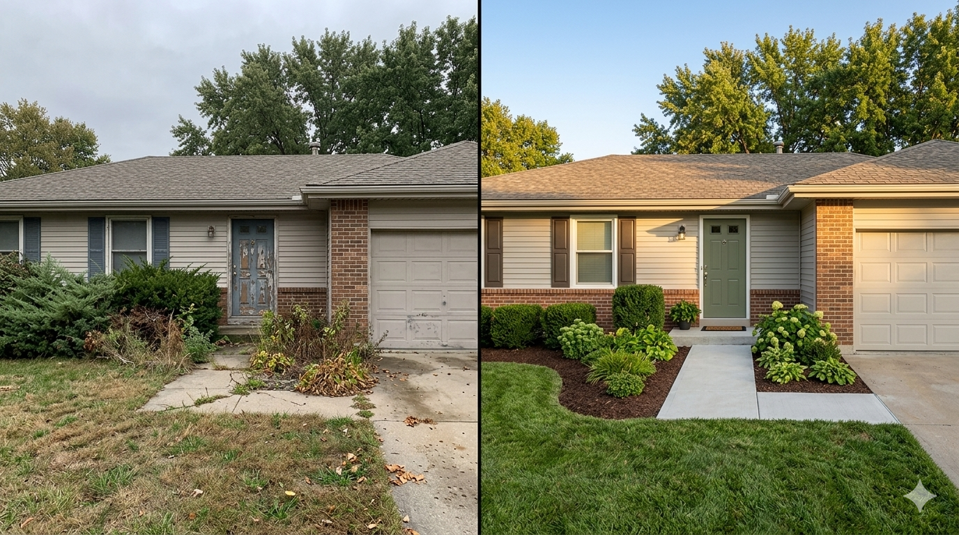 Side-by-side comparison of a Lenexa KS ranch home showing neglected curb appeal with overgrown landscaping on the left versus a market-ready exterior with fresh landscaping and painted front door on the right