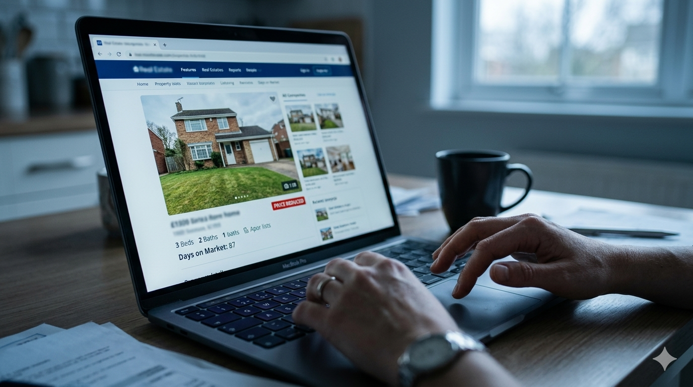 Home buyer reviewing a real estate listing showing 87 days on market and a price reduced badge on a laptop, illustrating how high DOM hurts expired listings in Lenexa KS