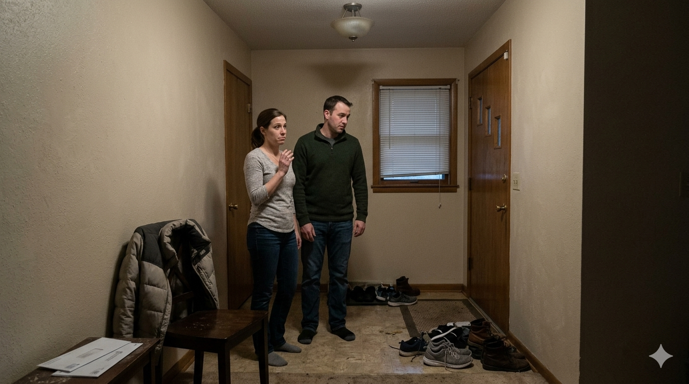 Home buyers showing visible hesitation in a dim cluttered entryway during a showing, illustrating how poor presentation kills the first impression in Lenexa KS home sales