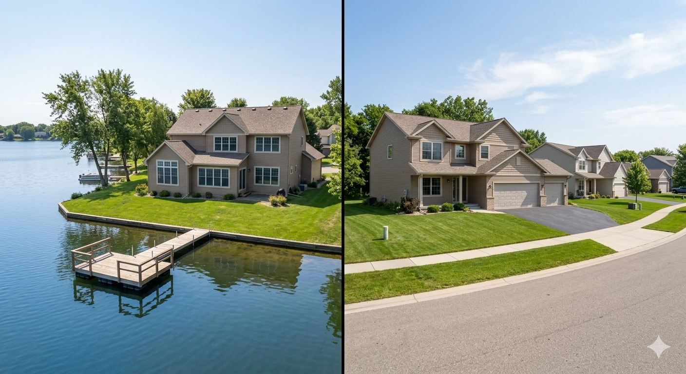 Side-by-side comparison of two similar homes in Weatherby Lake MO, waterfront home with dock on the left versus interior neighborhood home on the right, illustrating the pricing difference between lake and non-lake properties in Weatherby Lake Missouri Side-by-side comparison of two similar homes in Weatherby Lake MO, waterfront home with dock on the left versus interior neighborhood home on the right, illustrating the pricing difference between lake and non-lake properties in Weatherby Lake Missouri