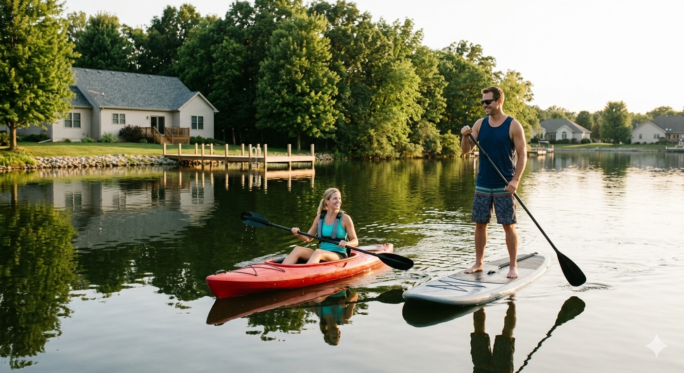 Couple kayaking and paddleboarding on the private lake in Weatherby Lake Missouri, residential homes and dock visible along the shoreline, representing the active lake lifestyle that attracts buyers to this Kansas City Northland community Couple kayaking and paddleboarding on the private lake in Weatherby Lake Missouri, residential homes and dock visible along the shoreline, representing the active lake lifestyle that attracts buyers to this Kansas City Northland community