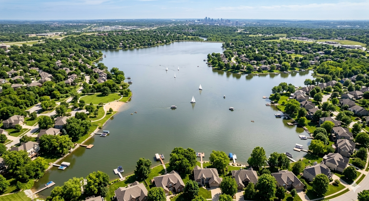 Aerial view of Weatherby Lake Missouri showing the full private lake surrounded by residential homes with docks, sailboats on the water, and the Kansas City skyline visible in the distance, illustrating why Weatherby Lake is one of the most unique lake communities in the Kansas City metro Aerial view of Weatherby Lake Missouri showing the full private lake surrounded by residential homes with docks, sailboats on the water, and the Kansas City skyline visible in the distance, illustrating why Weatherby Lake is one of the most unique lake communities in the Kansas City metro