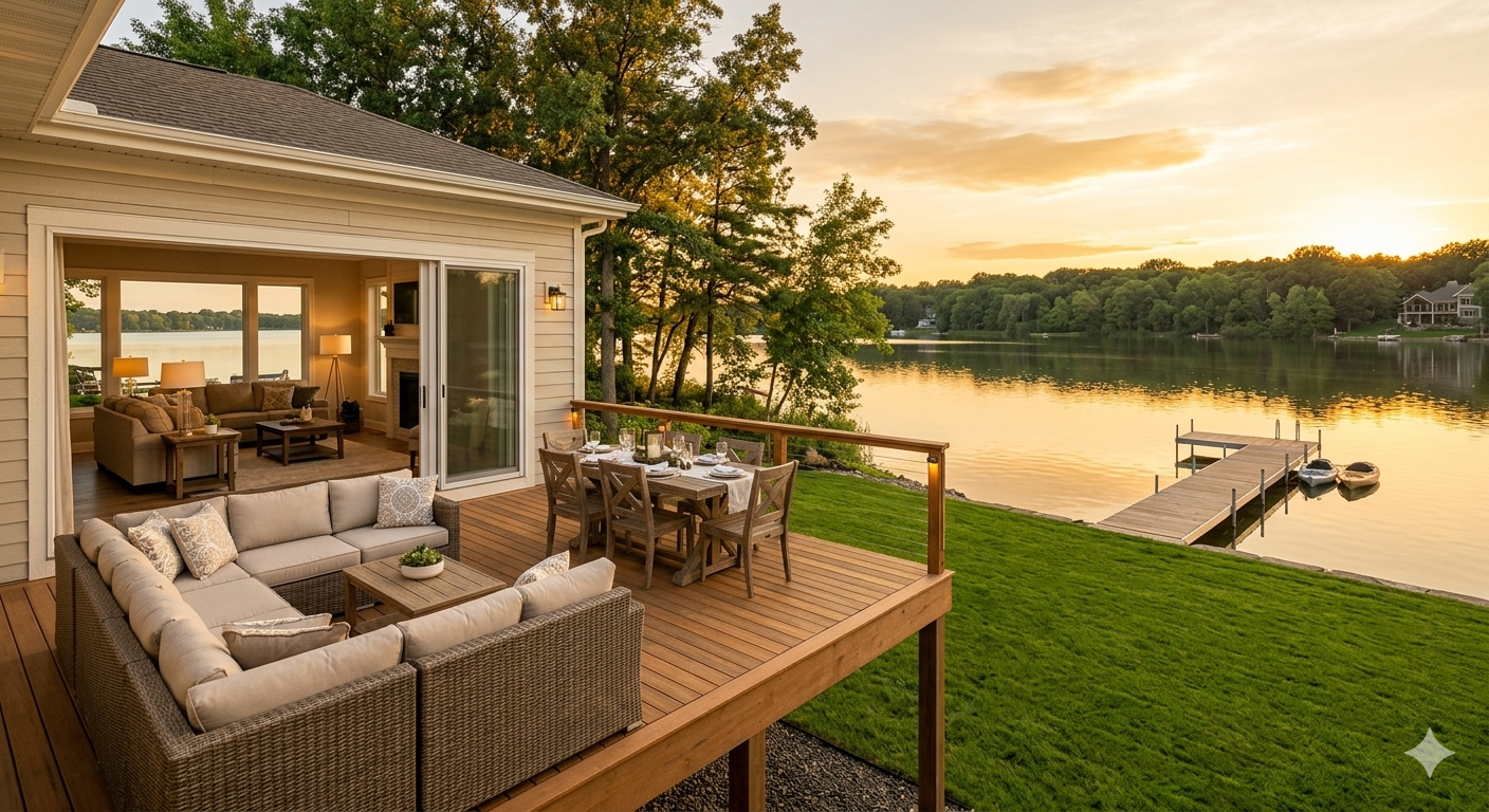 Professionally staged lakefront deck in Weatherby Lake Missouri at golden hour, outdoor sectional and dining table overlooking a private lake, clean dock extending to the water, open sliding glass doors showing interior living room, demonstrating how lifestyle staging helps homes sell faster in Weatherby Lake MO Professionally staged lakefront deck in Weatherby Lake Missouri at golden hour, outdoor sectional and dining table overlooking a private lake, clean dock extending to the water, open sliding glass doors showing interior living room, demonstrating how lifestyle staging helps homes sell faster in Weatherby Lake MO