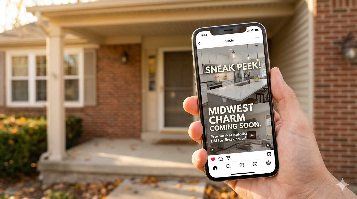 Real estate agent creating pre-market buzz for a Kansas City home listing using social media, showing a Coming Soon post for a Kearney MO or Blue Springs MO property before it hits MLS