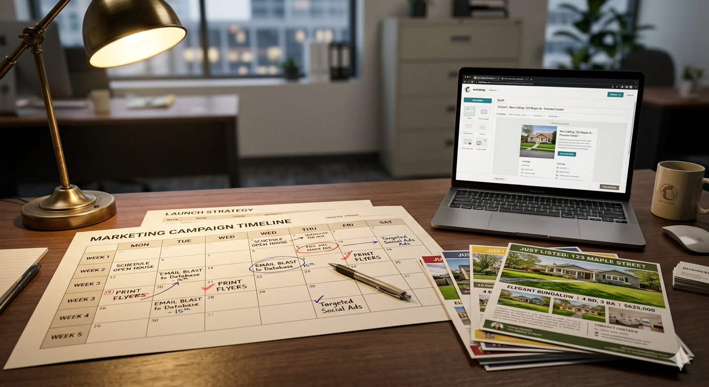 Real estate marketing campaign timeline and property listing flyers on an agent's desk in Kansas City, showing a strategic home selling plan for Kearney MO and Blue Springs MO sellers