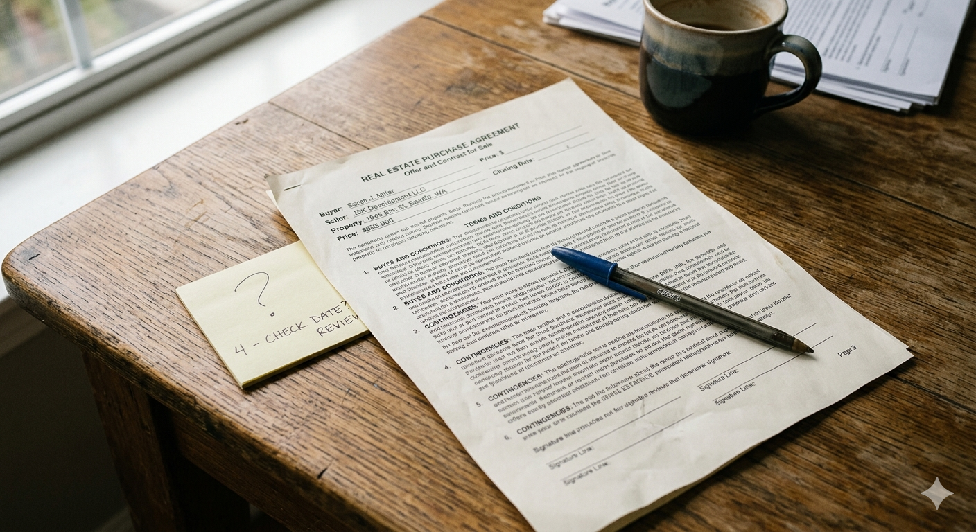 Unsigned real estate purchase agreement on a table with a question mark sticky note, representing a stalled home sale negotiation for sellers in Kearney MO and Blue Springs MO