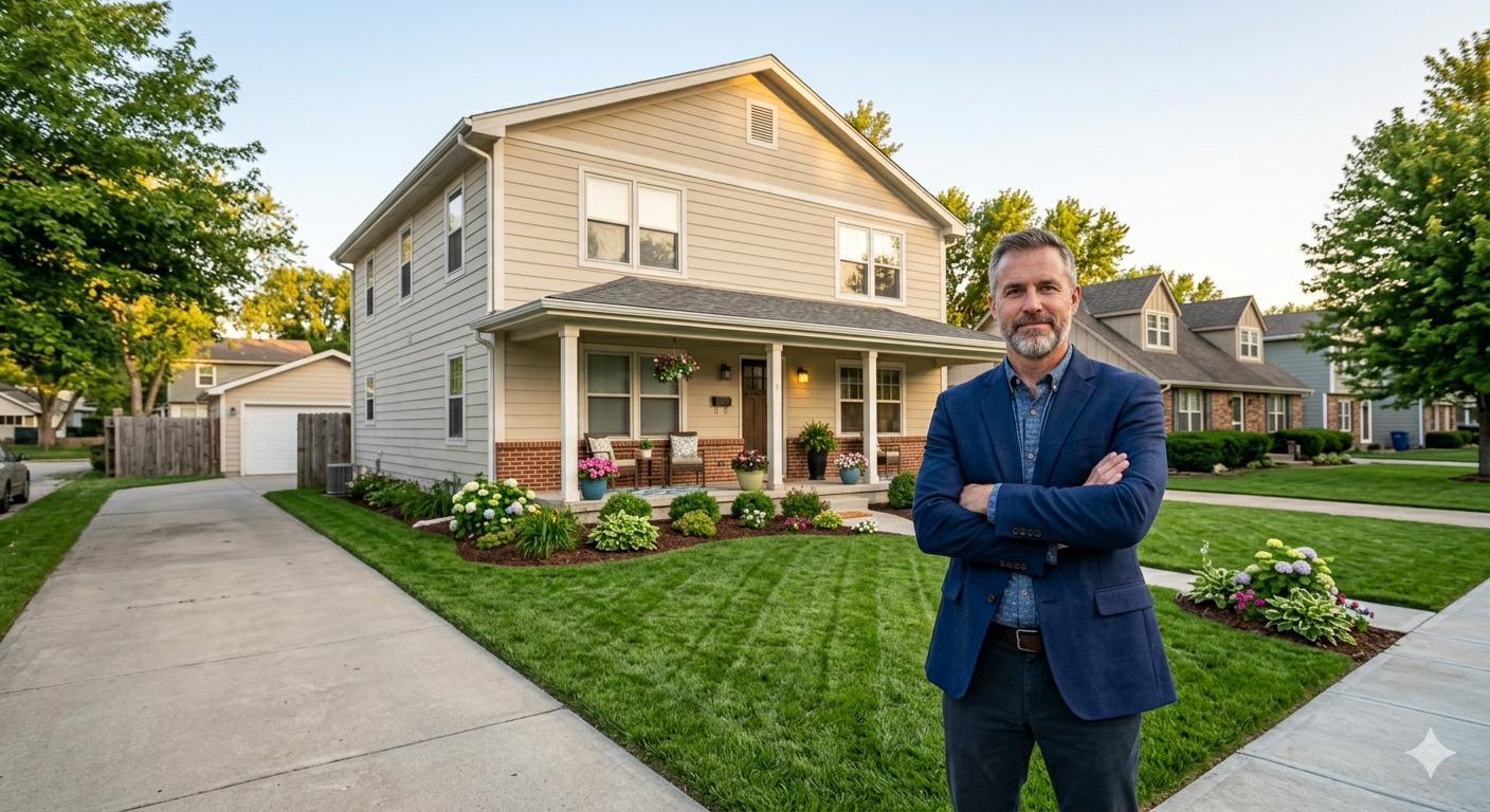 Confident homeowner standing in front of a suburban Kansas City home ready to relist after an expired listing with a new strategy from Heartland Homes KC