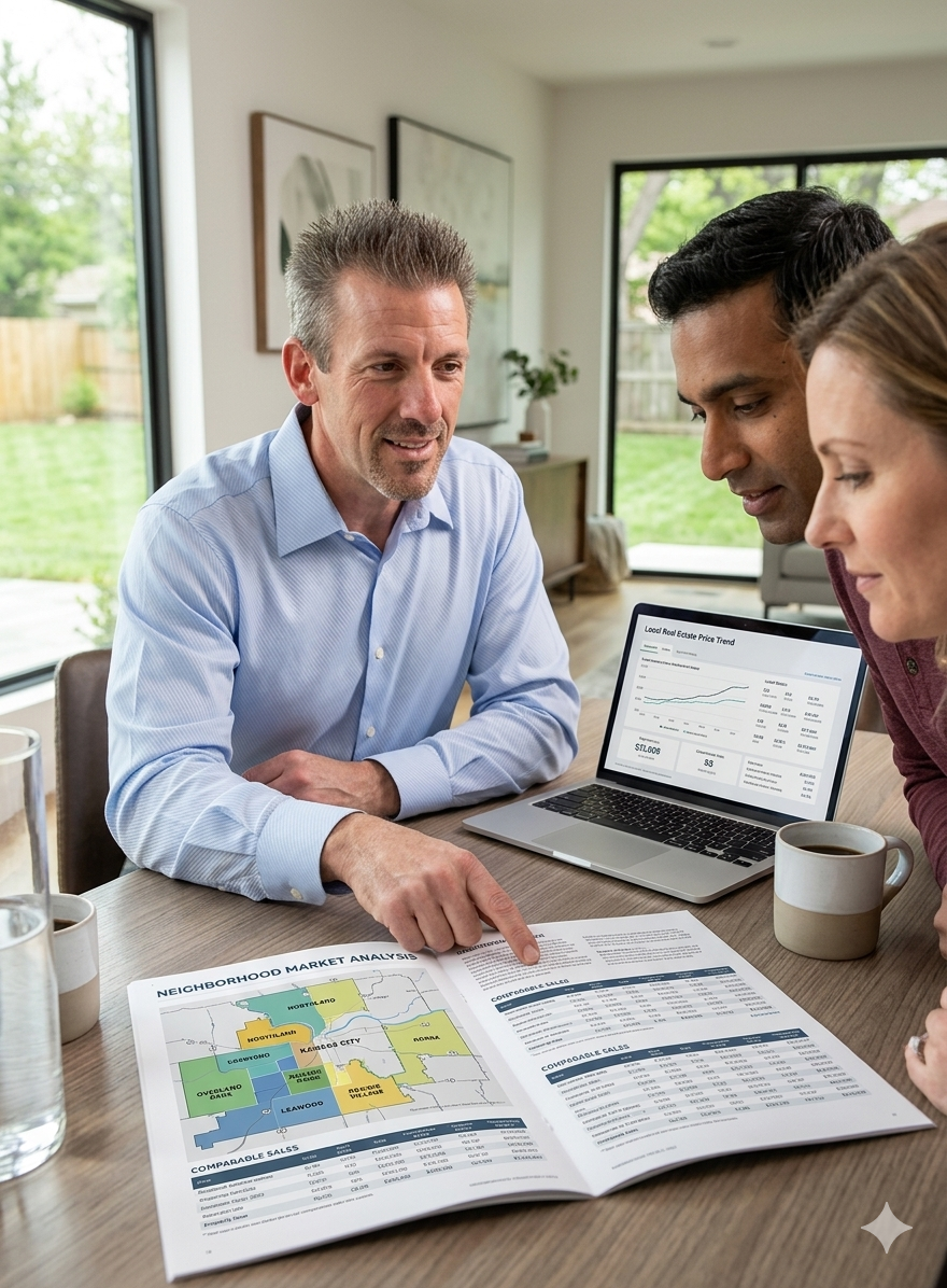 Local Kansas City real estate agent reviewing neighborhood market analysis and comparable sales data with homeowners to create the right strategy for selling a home in Independence MO or Lee's Summit MO