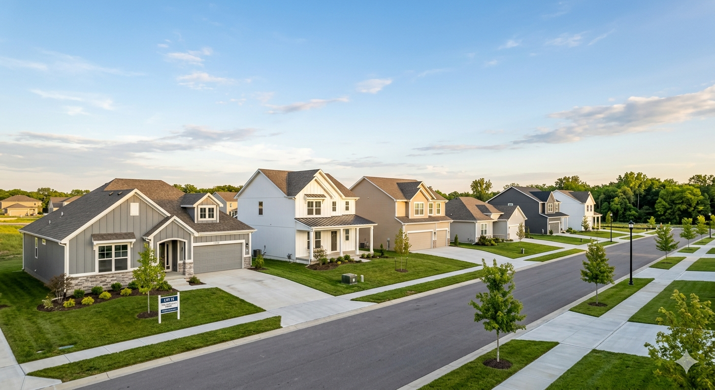 New construction neighborhood in Independence MO showing multiple newly built single family homes with modern midwestern architecture representing the active Kansas City new construction market served by Heartland Homes KC