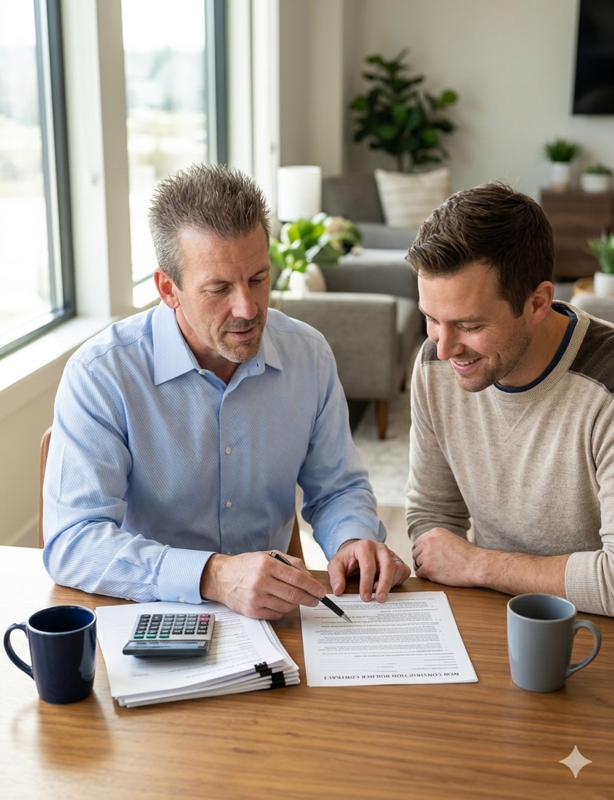 Kansas City real estate agent reviewing a new construction builder contract with a homebuyer showing the value of having your own buyer representation at no cost when purchasing new construction homes in Independence MO with Heartland Homes KC