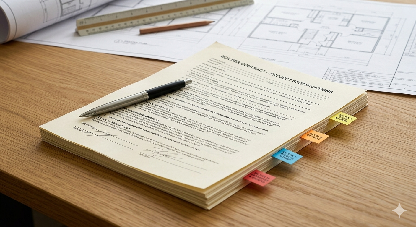 Builder contract with flagged sections and architectural floor plans in the background representing the key clauses homebuyers need to review before signing a new construction purchase agreement in Independence MO with Heartland Homes KC