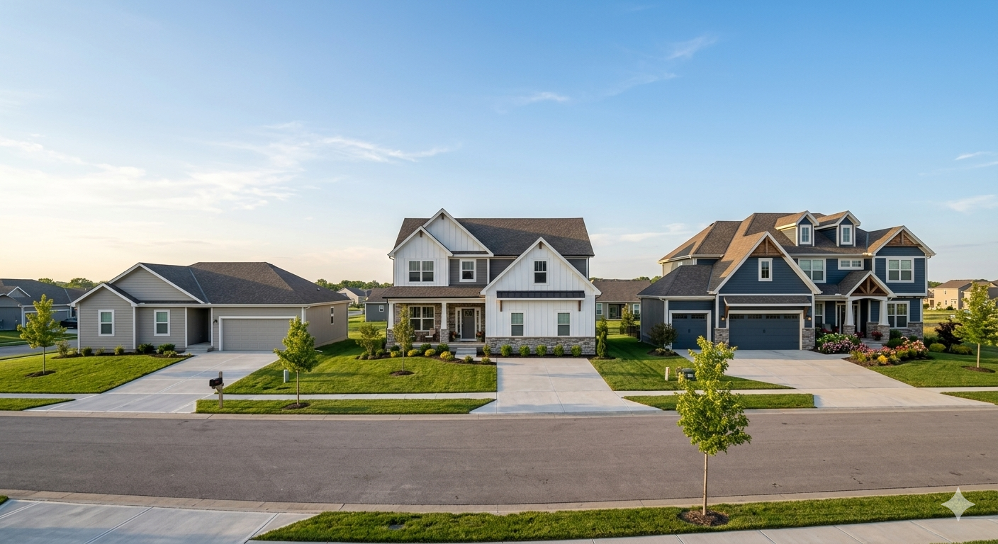 Three new construction homes in Independence MO showing different price points and buyer profiles from starter ranch style to move-up and premium custom homes available in the best new construction neighborhoods in Kansas City served by Heartland Homes KC