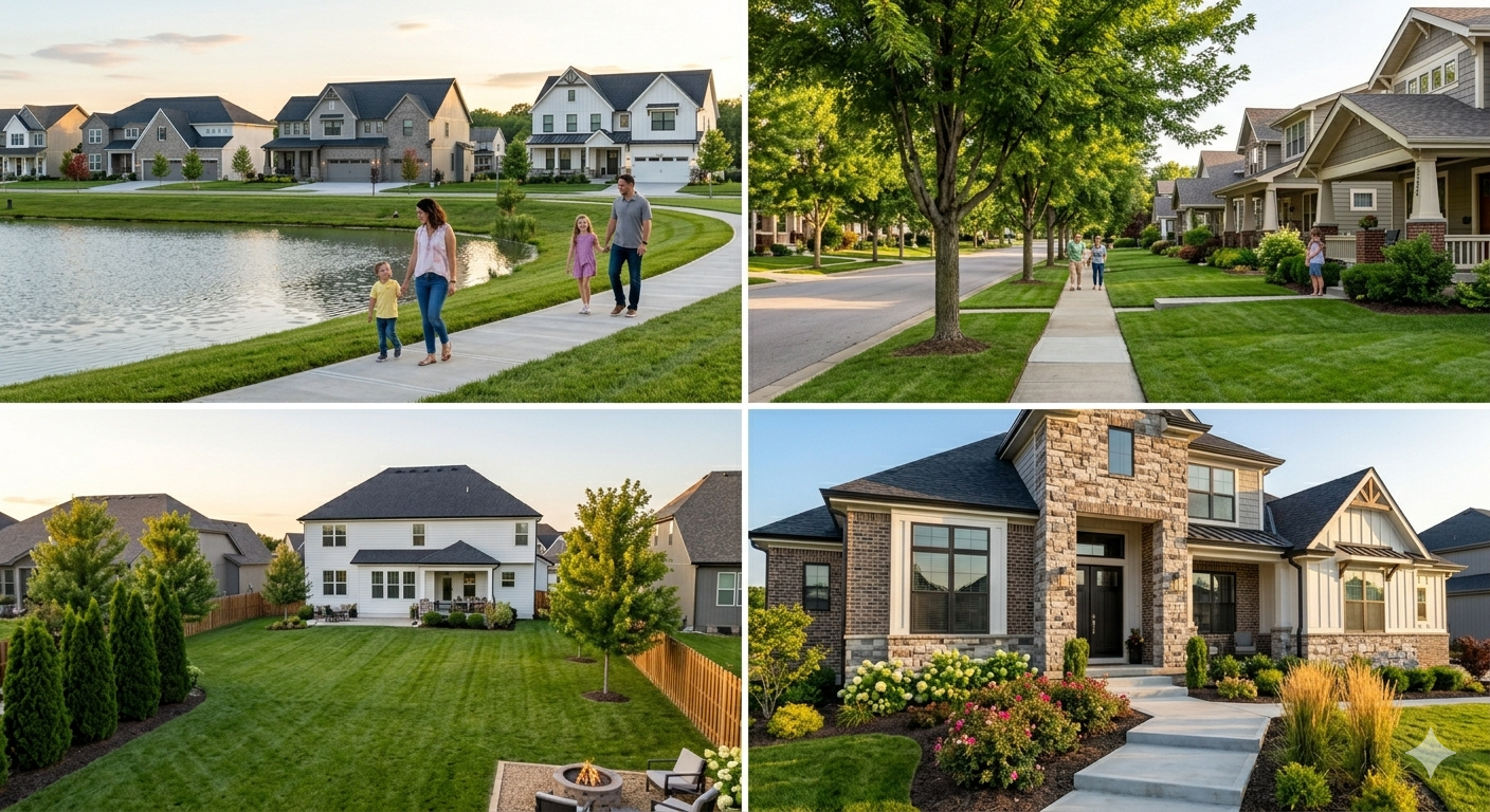 Best new construction neighborhoods in Lee's Summit MO showing lakefront community living, tree-lined family streets, spacious private lots, and luxury home exteriors representing the range of new build communities available to Kansas City move-up buyers and families in 2026