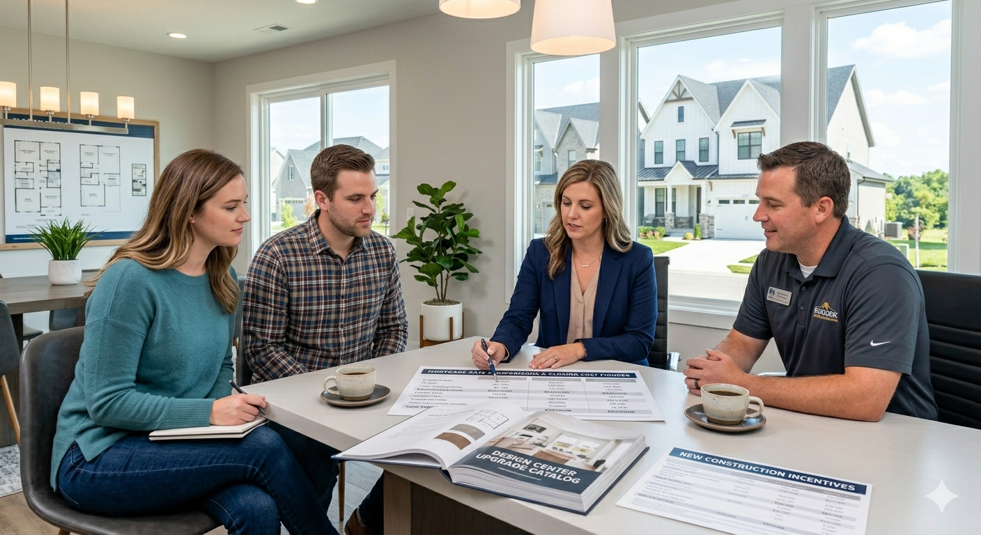 Home buyers reviewing new construction builder incentives including rate buydowns closing cost credits and design center upgrade packages with a real estate agent in a Lee's Summit MO model home sales office in 2026