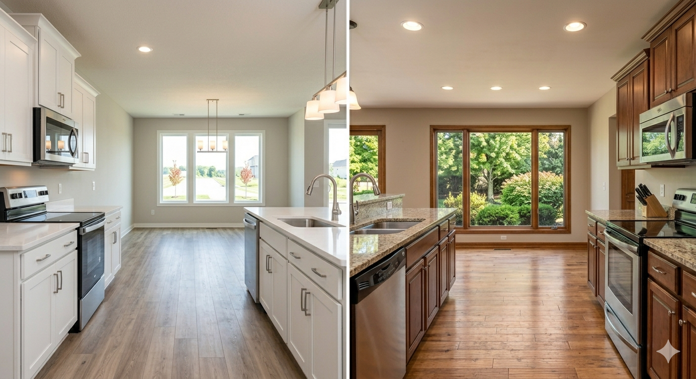 New construction versus resale home comparison in Lee's Summit MO showing a modern new build kitchen with white cabinets and fresh finishes alongside an established resale home kitchen with mature character and landscaped backyard views to help Kansas City move-up buyers decide in 2026