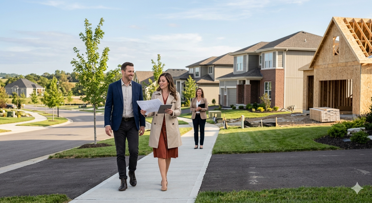 Couple reviewing home plans with agent in new construction neighborhood in Liberty MO with homes under construction