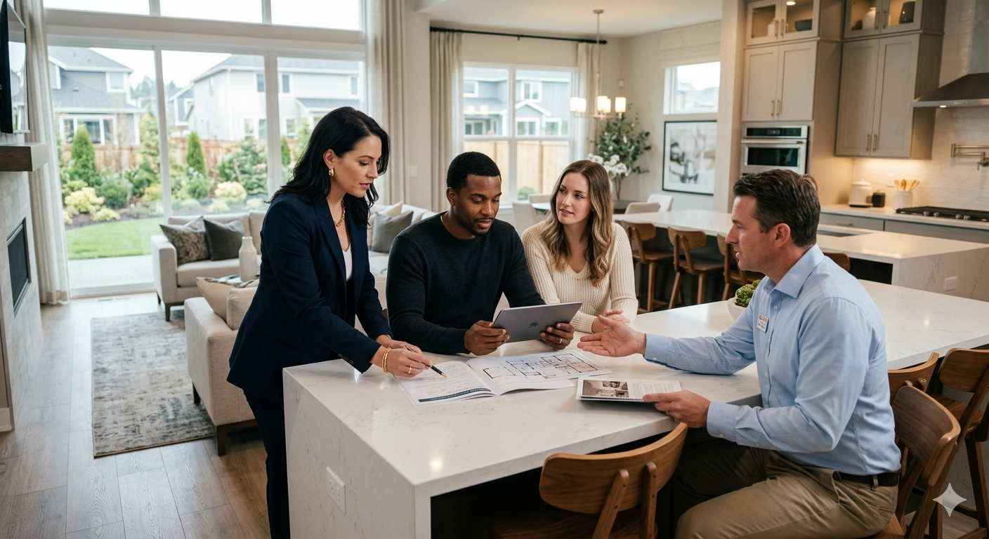 Buyers agent reviewing new construction home plans with couple during builder meeting in Kansas City