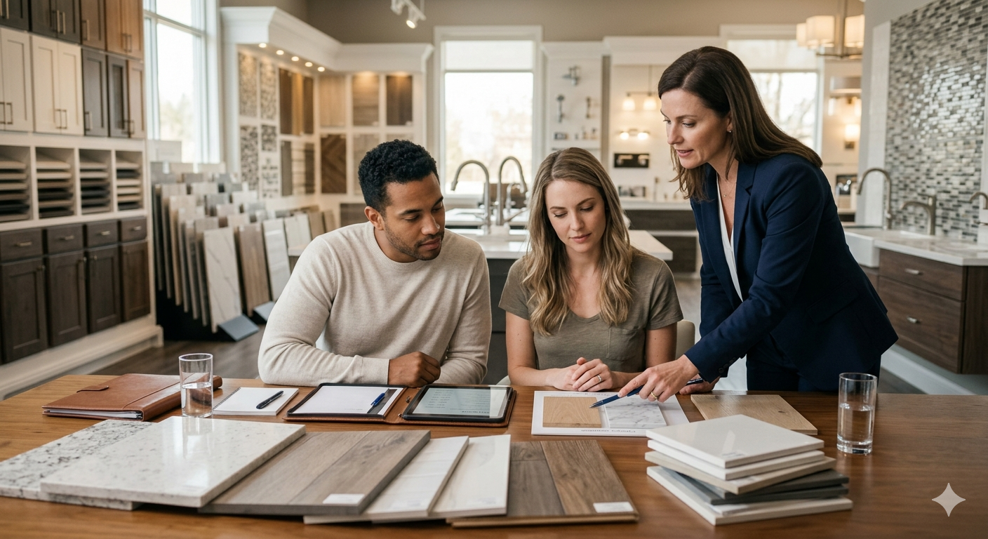 Couple reviewing upgrade options with agent in new construction design center showroom in Kansas City