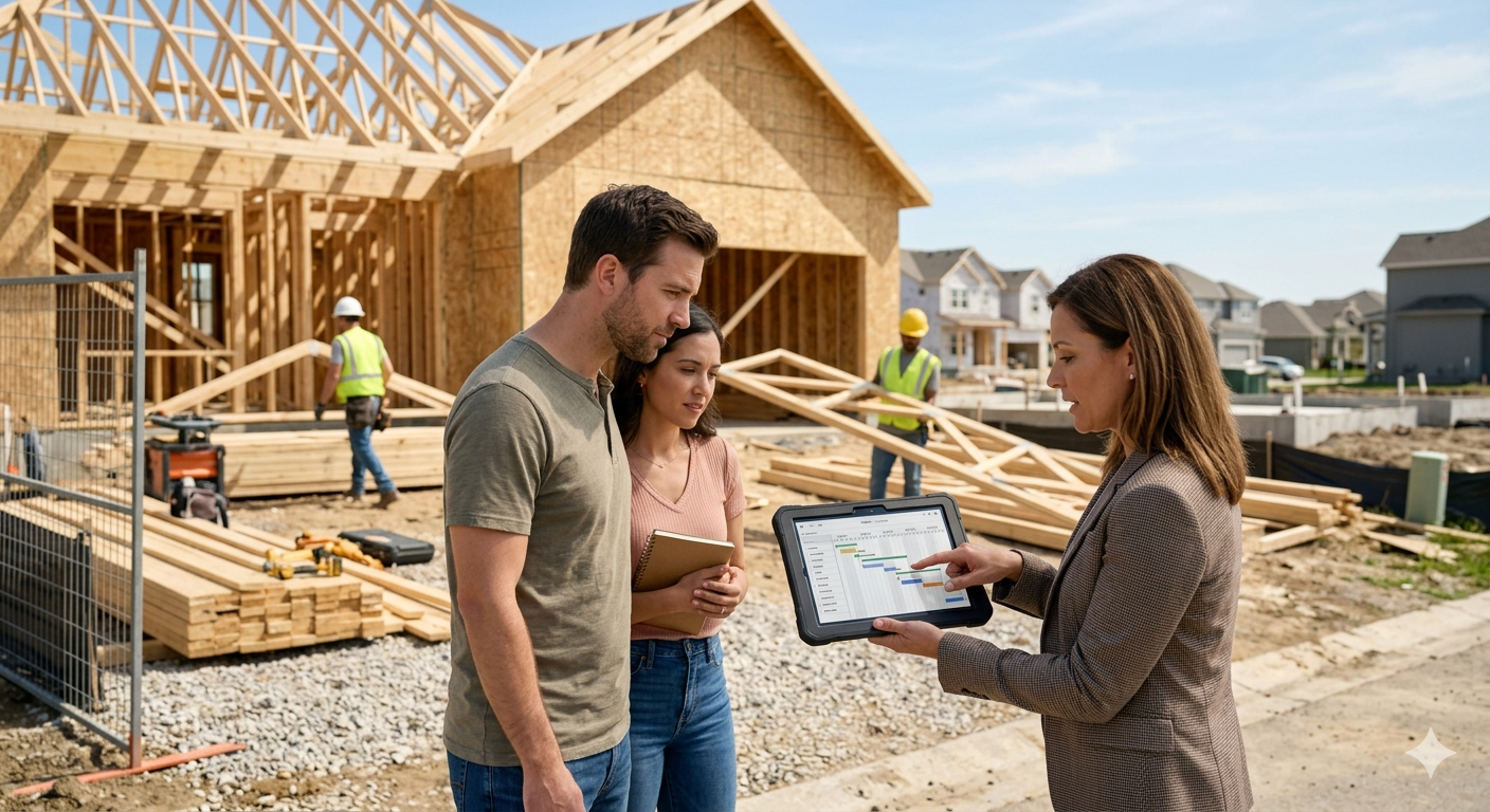 Couple reviewing new construction timeline with agent at home build site in Liberty MO