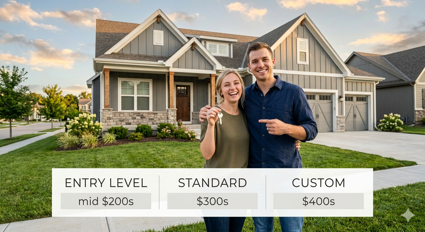 First time home buyers holding keys to a new construction home in Raytown Missouri showing affordable new build price tiers starting in the mid $200s through the $400s near Kansas City with Heartland Homes KC