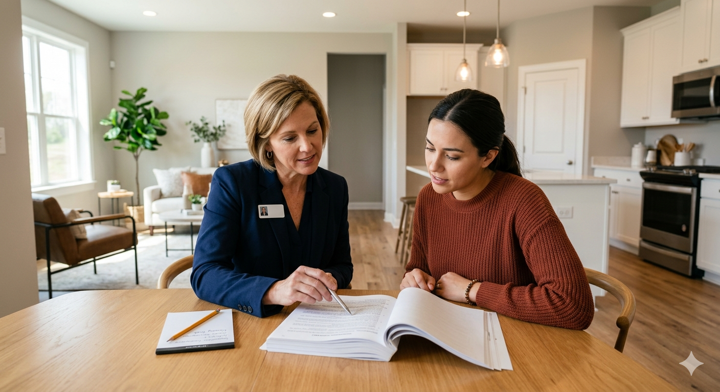First time home buyer reviewing new construction builder contract with a real estate buyer agent inside a Raytown Missouri model home to understand builder terms incentives and down payment assistance programs before purchasing
