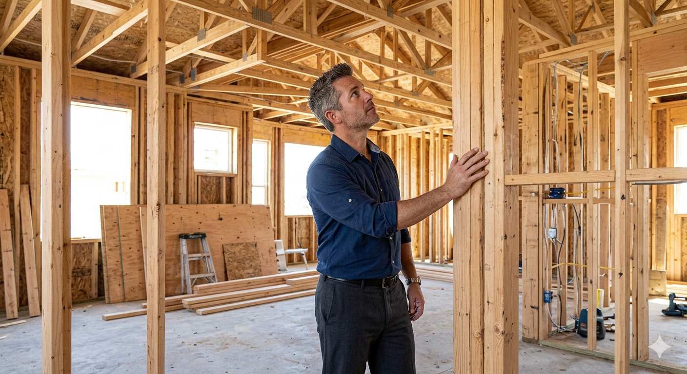 Heartland Homes KC real estate agent Jason DeLong inspecting new construction framing and build quality in a Raytown Missouri home using his architecture background and homebuilding experience to protect buyers in the Kansas City new construction market