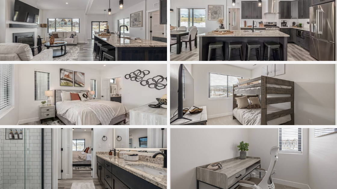 Modern rustic vacation rental interior Granby Colorado – open living room kitchen island master bedroom bunk room bathroom and workspace sleeps 12