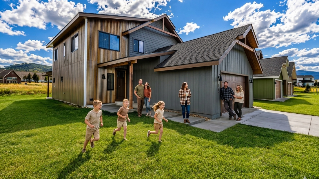Family group arriving at 5-bedroom modern rustic vacation rental Granby Colorado kids running on lawn adults laughing near Grand Elk Golf Course