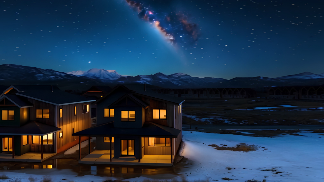 Modern mountain vacation rental Granby Colorado at night with Milky Way starry sky and Rocky Mountain backdrop winter snow