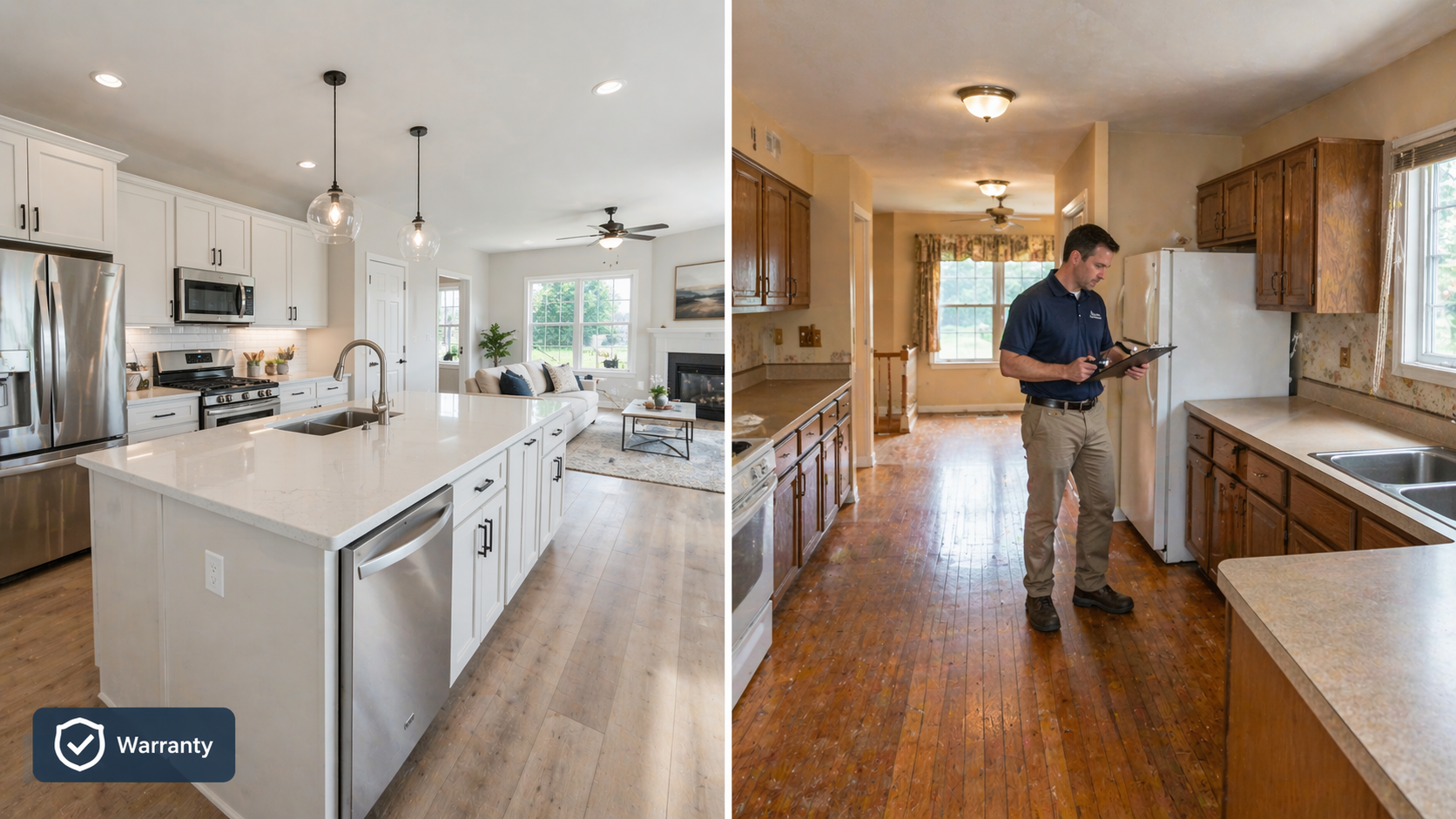 New construction home interior showing brand new appliances and finishes on the left compared to a resale home interior with a home inspector conducting a walkthrough on the right in Raytown MO.