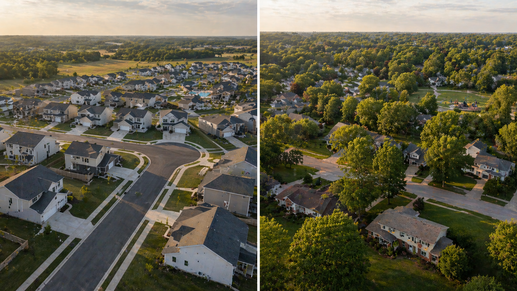 Aerial view comparison of a new construction subdivision with minimal landscaping on the left versus an established Raytown MO neighborhood with mature trees and larger lots on the right.