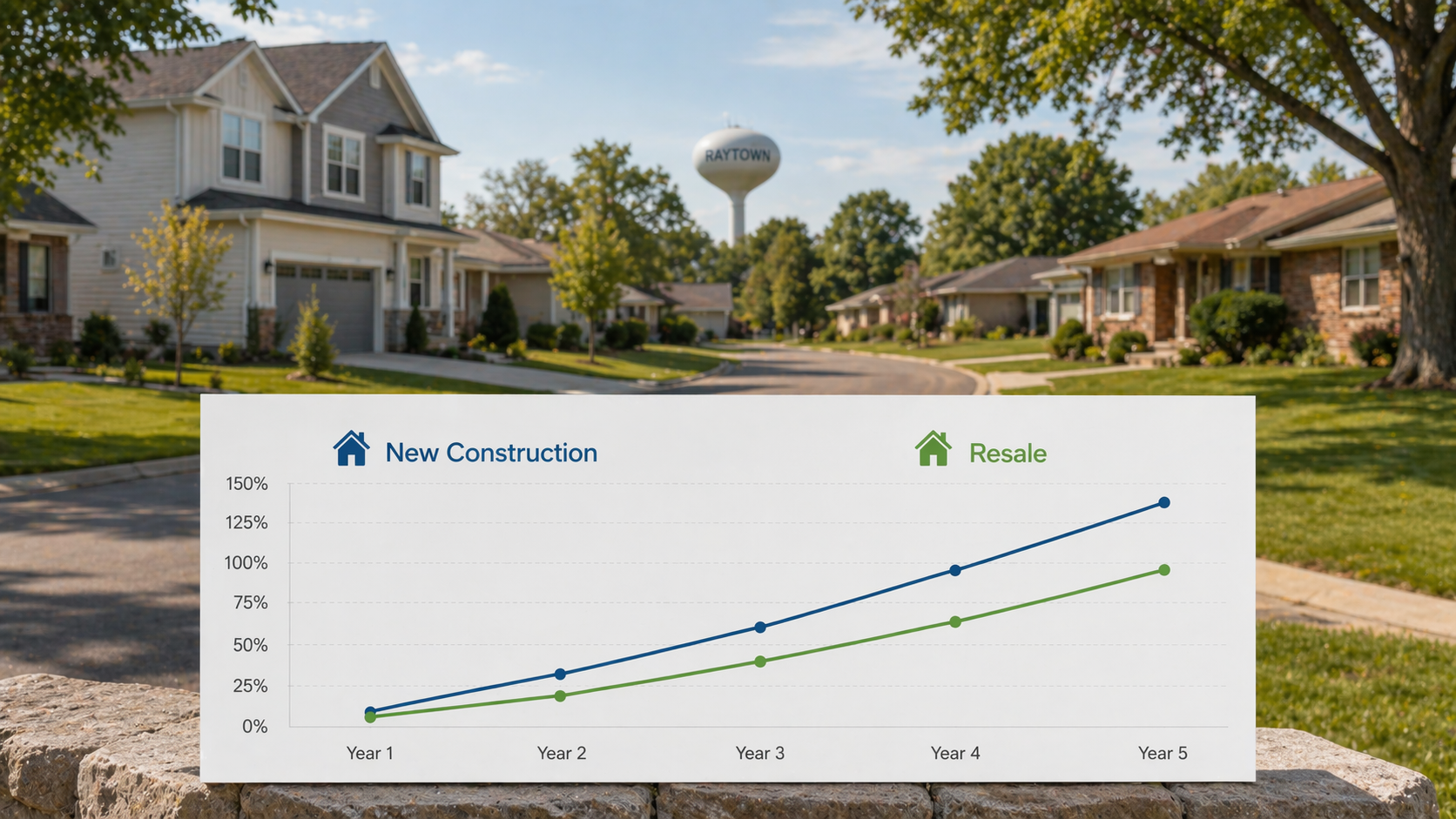 Two upward trending home value appreciation graphs for new construction and resale homes in Raytown MO shown against a soft-focus suburban neighborhood street in the background.
