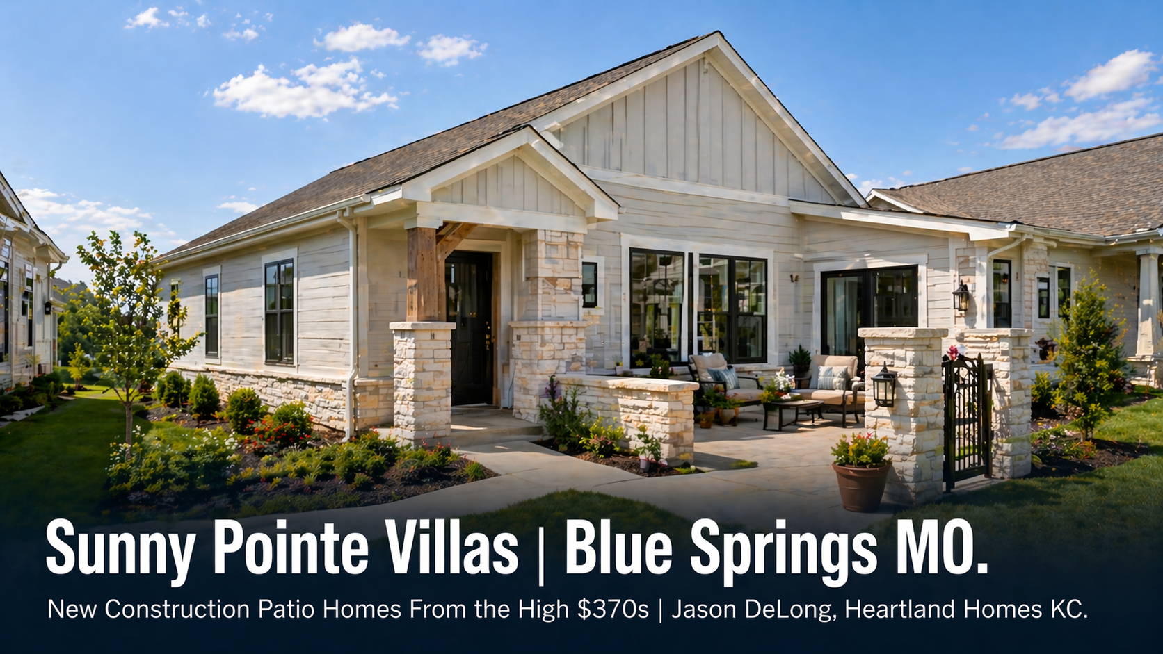 Modern villa-style patio home at Sunny Pointe Villas in Blue Springs MO showing HOA-maintained landscaping and private courtyard entry representing low-maintenance new construction living starting in the high $370,000s by Jason DeLong Heartland Homes KC.