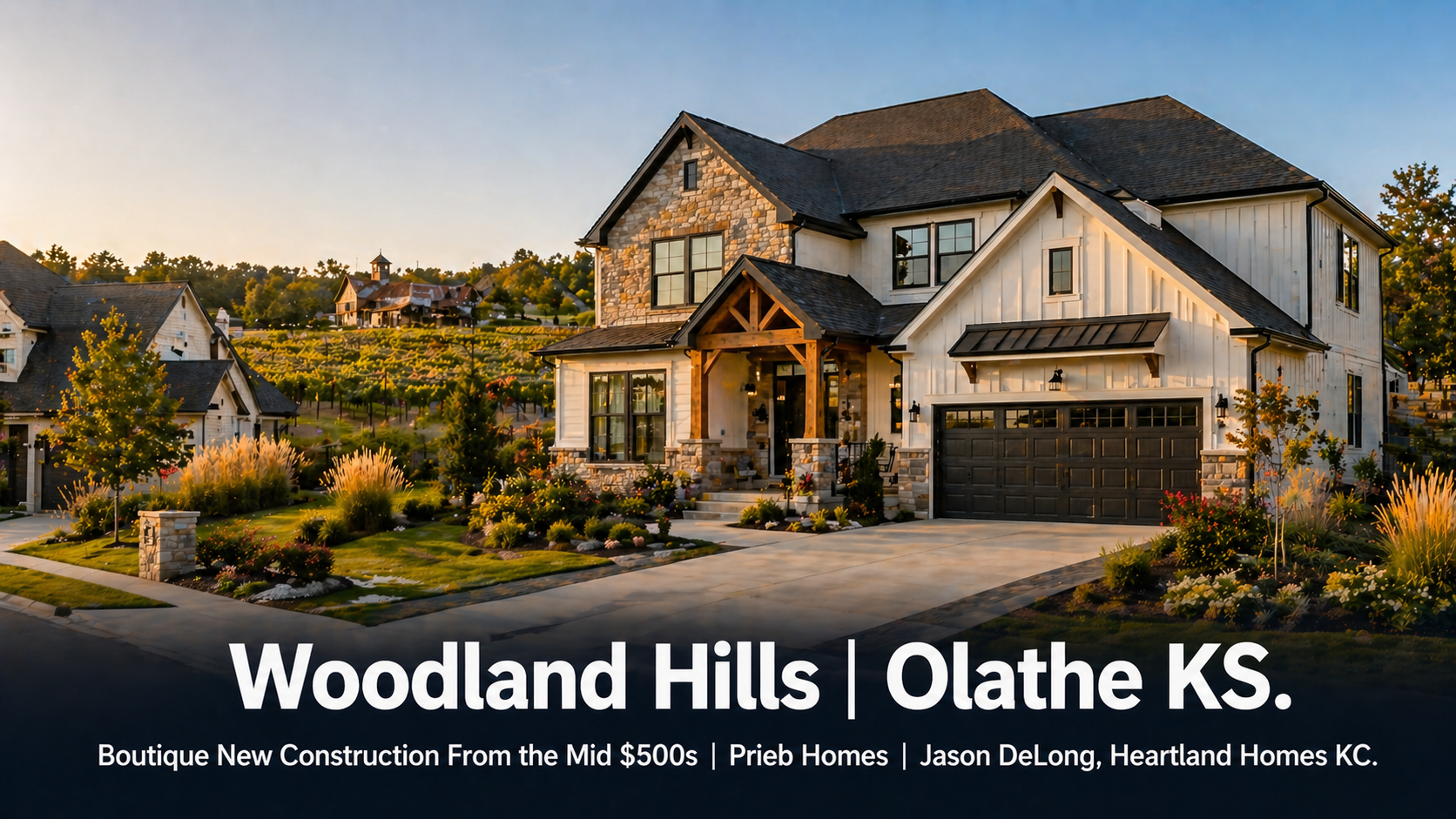 Boutique new construction home at Woodland Hills in Olathe KS featuring warm stone and Hardie board exterior with vineyard landscape visible beyond the tree line representing exclusive Prieb Homes construction starting in the mid $500,000s by Jason DeLong Heartland Homes KC. Boutique new construction home at Woodland Hills in Olathe KS featuring warm stone and Hardie board exterior with vineyard landscape visible beyond the tree line representing exclusive Prieb Homes construction starting in the mid $500,000s by Jason DeLong Heartland Homes KC.