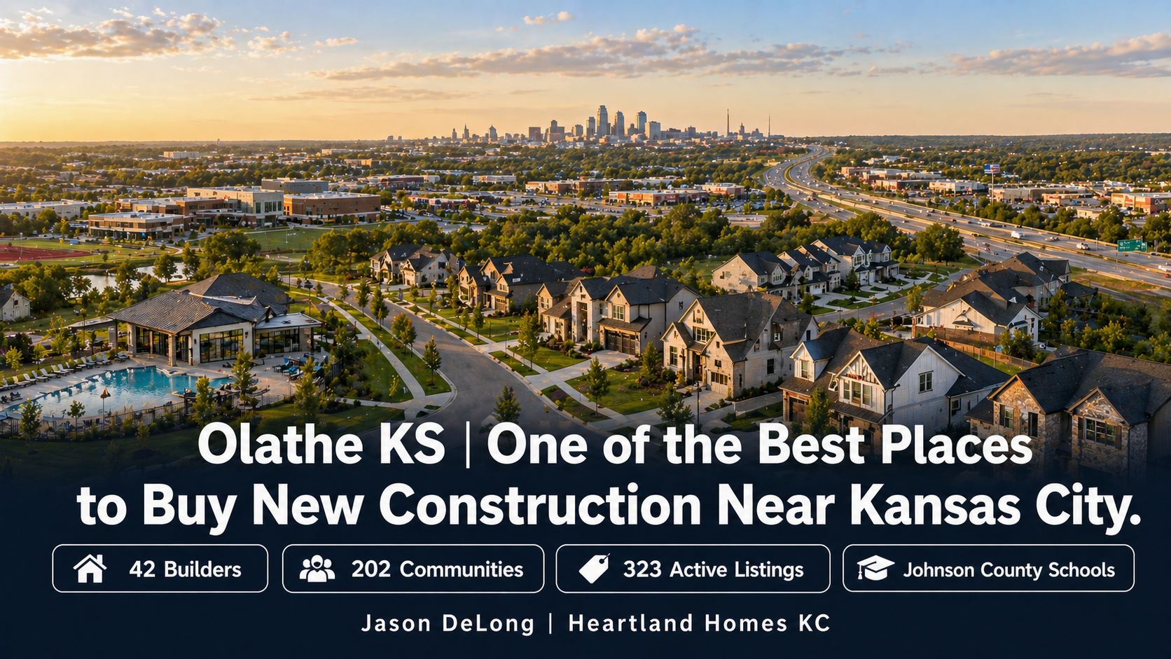 Panoramic image of Olathe KS new construction neighborhood in the foreground connected by I-35 to the Kansas City skyline in the background with data badges showing 42 builders across 202 communities and 323 active listings by Jason DeLong Heartland Homes KC. Panoramic image of Olathe KS new construction neighborhood in the foreground connected by I-35 to the Kansas City skyline in the background with data badges showing 42 builders across 202 communities and 323 active listings by Jason DeLong Heartland Homes KC.