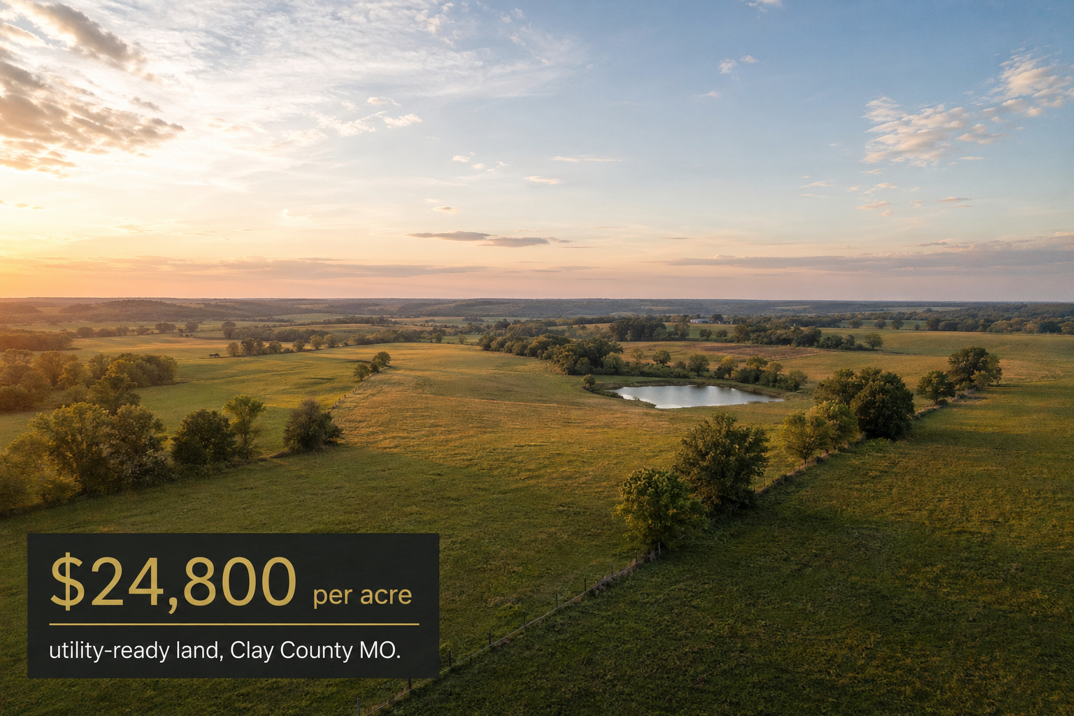 Rolling Missouri pastureland aerial view illustrating per-acre land value for investment acreage north of Kansas City — Jason DeLong, Heartland Homes KC